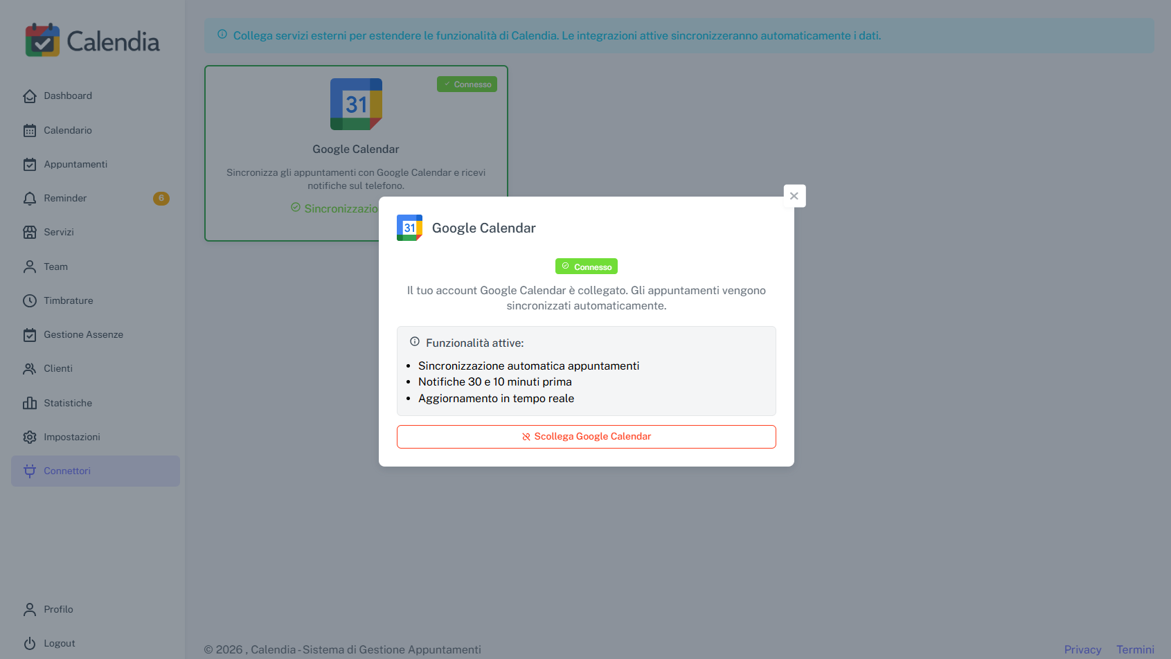 Integrazione Google Calendar notifiche appuntamenti