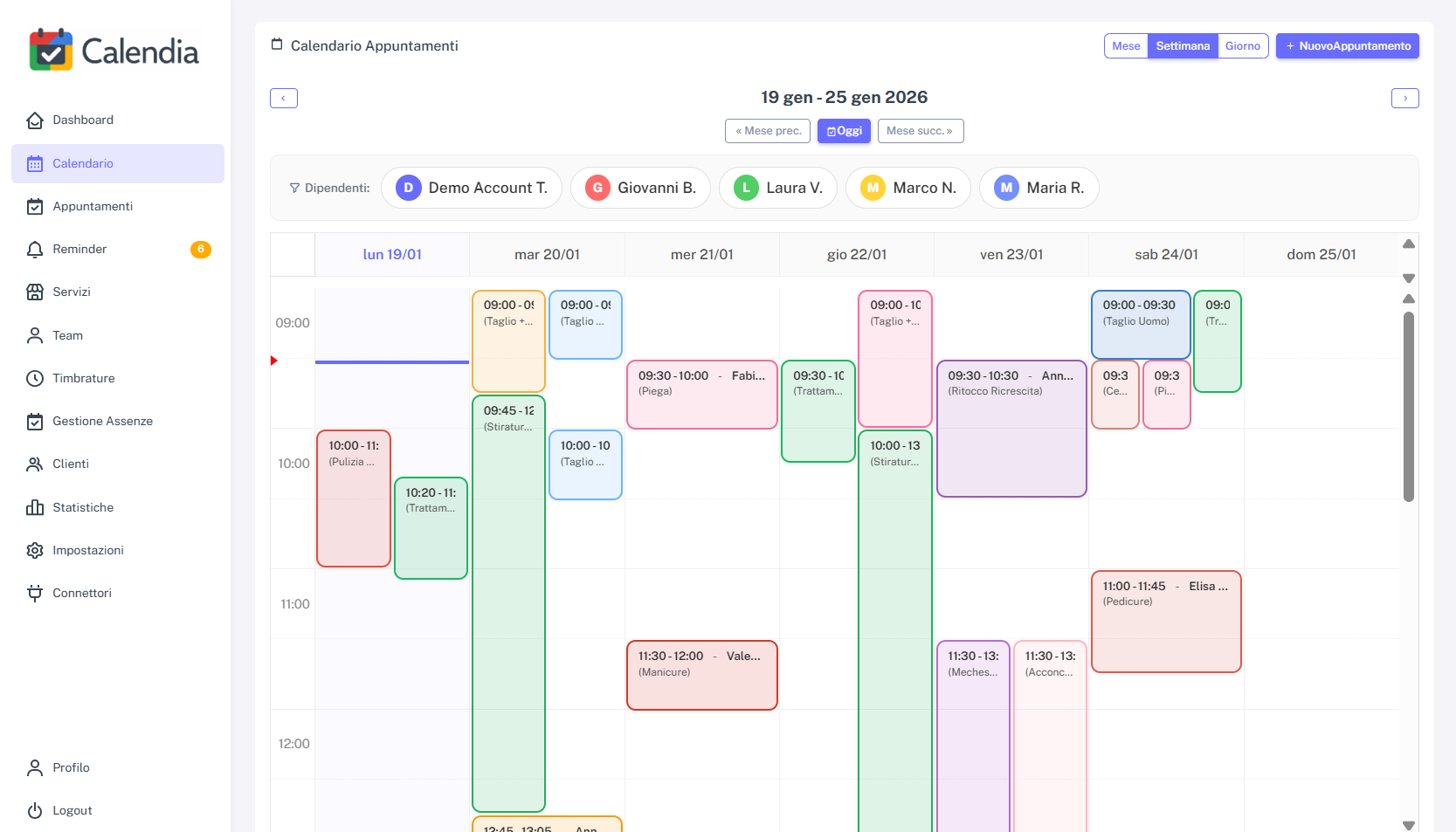 Calendario appuntamenti settimanale per salone parrucchiere